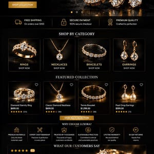 May include: A website interface for Luxora jewelry featuring a gold necklace and earrings with round clear stones, navigation menus, category icons for rings, necklaces, bracelets, and earrings, product listings with prices, and customer reviews.