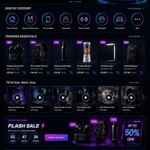 May include: A dark-themed e-commerce website interface for Alion Store featuring a hero section with the text Shop Smarter. Live Better., a navigation bar, product categories, a trending essentials section, video previews, and a flash sale countdown.