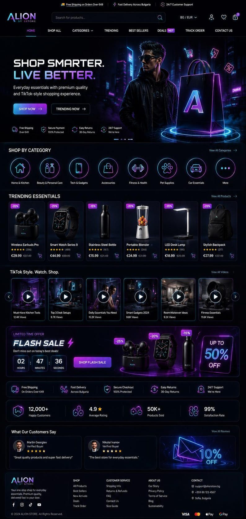 May include: A dark-themed e-commerce website interface for Alion Store featuring a hero section with the text Shop Smarter. Live Better., a navigation bar, product categories, a trending essentials section, video previews, and a flash sale countdown.