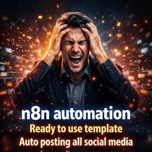 以下が含まれることがあります： 「Still Managing Everything Manually?」と「n8n automation」のテキストが入った、頭を抱える男性の画像。「Ready to use template」と「Auto posting all social media」のテキストも含まれています。