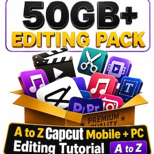 May include: A promotional graphic for a video editing pack. The image features the text "UNLIMITED 50GB+ EDITING PACK" in gold lettering. It includes icons and the text "A to Z Capcut Mobile + PC Editing Tutorial".
