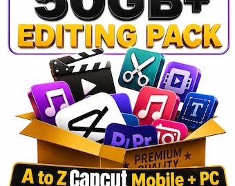 May include: A promotional graphic for a video editing pack. The image features the text "UNLIMITED 50GB+ EDITING PACK" in gold lettering. It includes icons and the text "A to Z Capcut Mobile + PC Editing Tutorial".