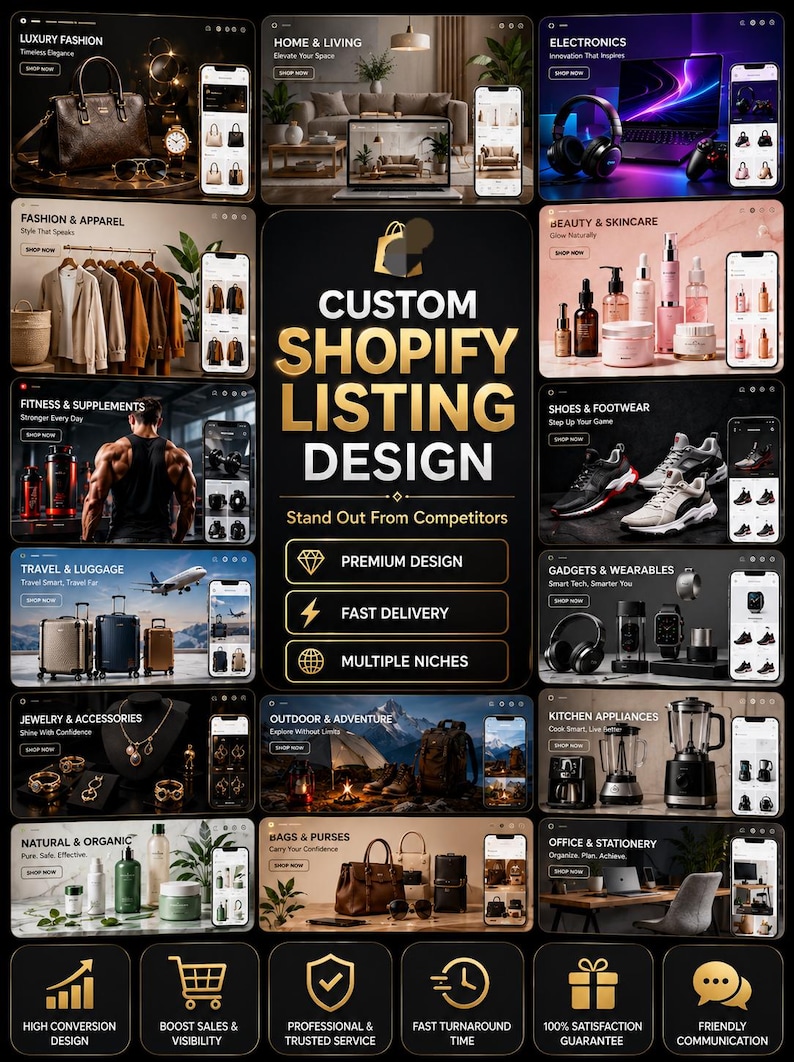 May include: A digital marketing graphic for custom Shopify listing design services. The central text reads CUSTOM SHOPIFY LISTING DESIGN. Surrounding panels display various product categories including luxury fashion, electronics, beauty, and home goods.