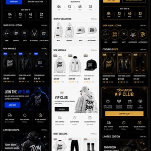 May include: A digital display showcasing three Shopify store design concepts for Toom Boom Brand. The layout features mobile website mockups with navigation menus, product listings, countdown timers, and feature lists including mega menus and SEO tools.