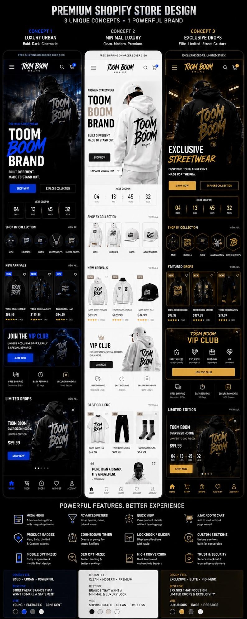 May include: A digital display showcasing three Shopify store design concepts for Toom Boom Brand. The layout features mobile website mockups with navigation menus, product listings, countdown timers, and feature lists including mega menus and SEO tools.