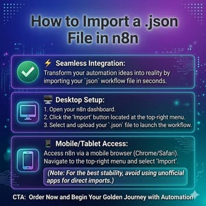 Professional n8n automation workflow import guide infographic. Featuring a futuristic neon blue and purple technology theme. The image provides step-by-step instructions for importing .json files on desktop and mobile browsers, with a call to action: 'Order Now and Begin Your Golden Journey with Automation'.