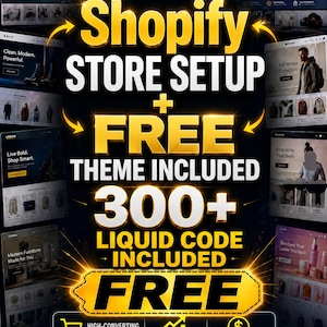 Op de afbeelding: Een digitale advertentie voor Shopify winkelopzetdiensten met de tekst Launch Your Dream Store Start Selling Instantly, Shopify STORE SETUP + FREE THEME INCLUDED, 300+ LIQUID CODE INCLUDED FREE en INSTANT ACCESS.