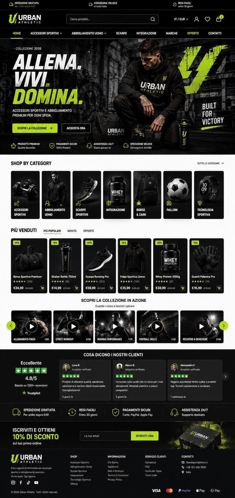 May include: A screenshot of the Urban Athletic e-commerce website homepage featuring a black and yellow color scheme. The layout includes a hero banner with text, a shop by category section, a best-sellers grid, video thumbnails, and customer reviews.