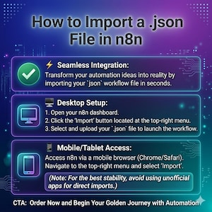Professional n8n automation workflow import guide infographic. Featuring a futuristic neon blue and purple technology theme. The image provides step-by-step instructions for importing .json files on desktop and mobile browsers, with a call to action: 'Order Now and Begin Your Golden Journey with Automation'.