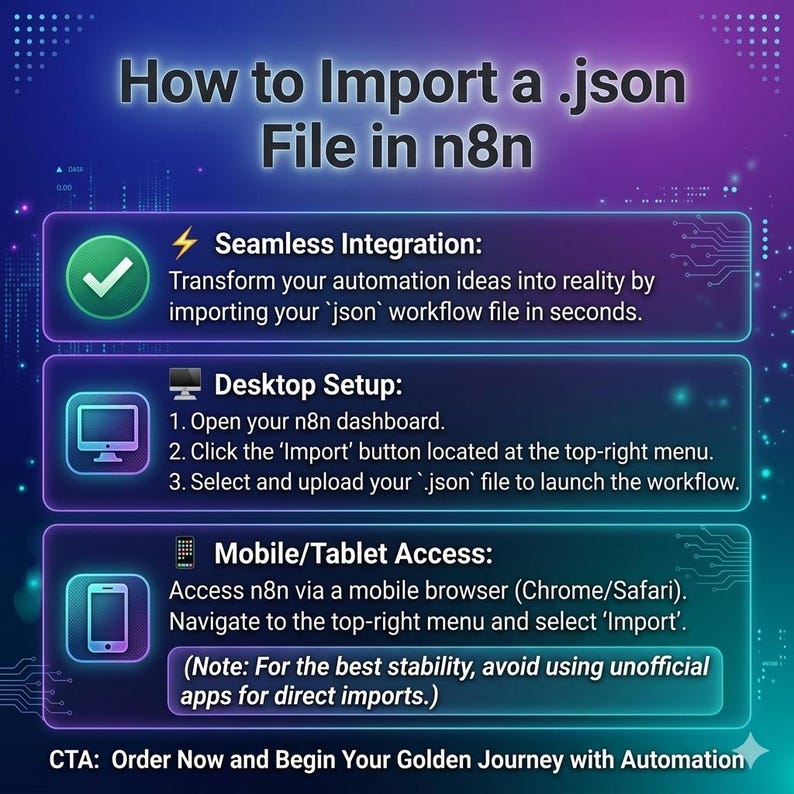 Professional n8n automation workflow import guide infographic. Featuring a futuristic neon blue and purple technology theme. The image provides step-by-step instructions for importing .json files on desktop and mobile browsers, with a call to action: 'Order Now and Begin Your Golden Journey with Automation'.
