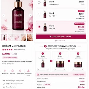 May include: A dark glass dropper bottle of Navi&egrave;lle Radiant Glow Brightening Serum with a gold cap. The label displays the brand name, product name, and 30ml 1.01 fl oz volume. The interface shows purchase options, bundle deals, and product details.