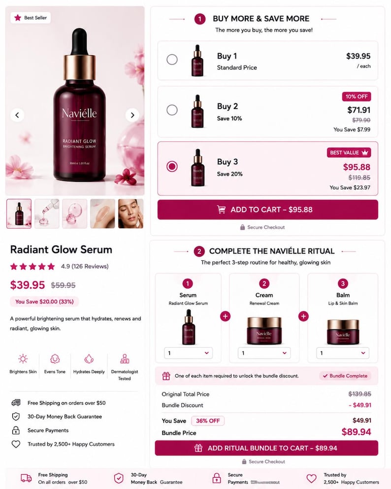 May include: A dark glass dropper bottle of Navi&egrave;lle Radiant Glow Brightening Serum with a gold cap. The label displays the brand name, product name, and 30ml 1.01 fl oz volume. The interface shows purchase options, bundle deals, and product details.