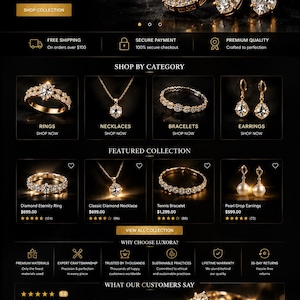 May include: A website interface for Luxora jewelry featuring a gold necklace and earrings with round clear stones, navigation menus, category icons for rings, necklaces, bracelets, and earrings, product listings with prices, and customer reviews.