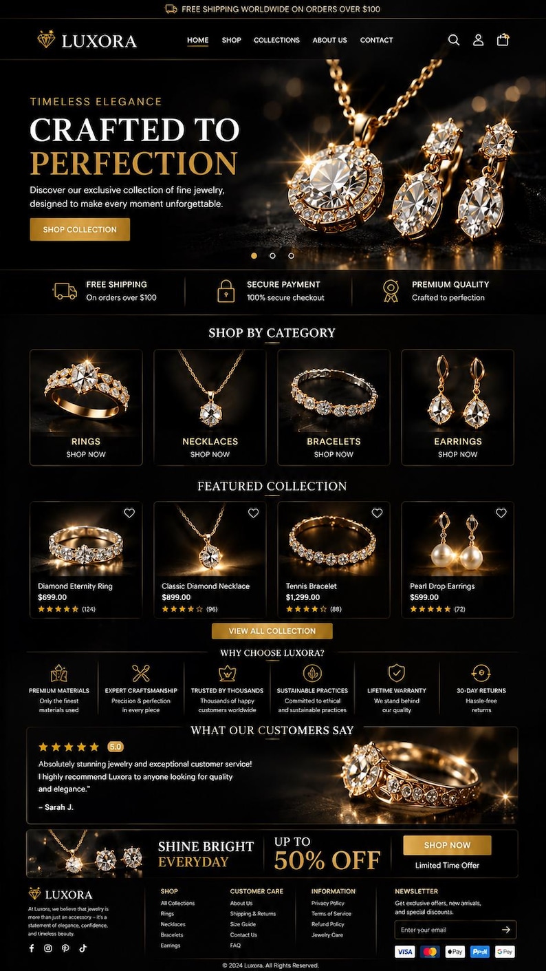 May include: A website interface for Luxora jewelry featuring a gold necklace and earrings with round clear stones, navigation menus, category icons for rings, necklaces, bracelets, and earrings, product listings with prices, and customer reviews.