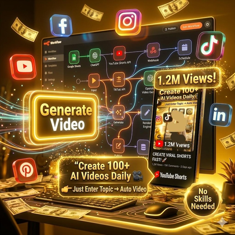 n8n automation bundle workflow preview showing AI video generator and social media auto posting system dashboard in a modern digital setup