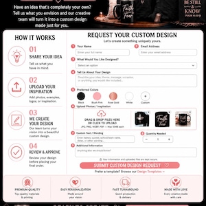 May include: A digital interface for custom design requests featuring a black and blush pink color scheme. The layout includes sections for user name, email, design description, color selection, file uploads, and text input fields for custom orders.