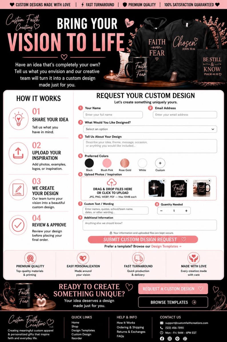 May include: A digital interface for custom design requests featuring a black and blush pink color scheme. The layout includes sections for user name, email, design description, color selection, file uploads, and text input fields for custom orders.