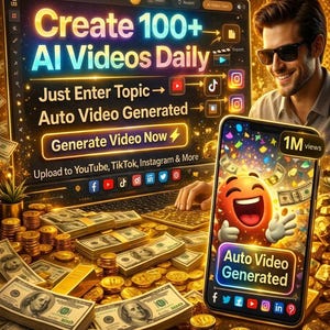 May include: A digital illustration advertising AI video creation. A laptop screen displays "Create 100+ AI Videos Daily", and a smartphone shows an animated emoji. The scene is filled with cash and gold coins, with the text "Auto Video Generated" on the phone.