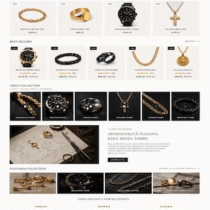 May include: A screenshot of the Milano Luce Italia e-commerce website homepage featuring a gold chain necklace, various jewelry categories including watches, rings, bracelets, and necklaces, product listings with prices, and customer reviews.