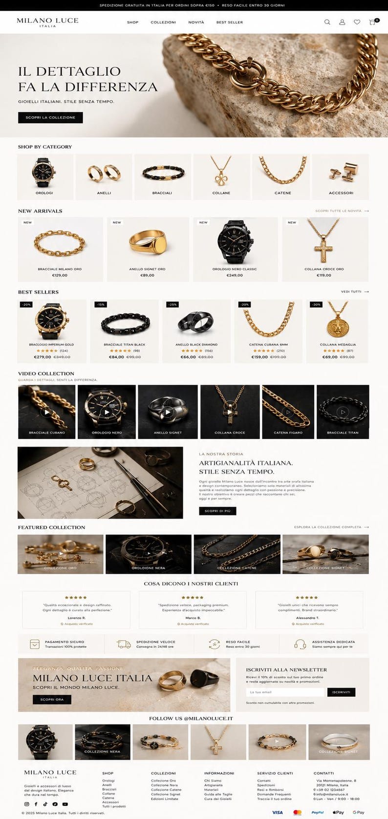 May include: A screenshot of the Milano Luce Italia e-commerce website homepage featuring a gold chain necklace, various jewelry categories including watches, rings, bracelets, and necklaces, product listings with prices, and customer reviews.