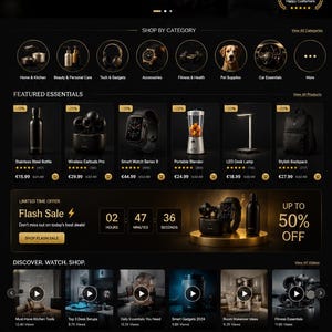 May include: A dark-themed e-commerce website interface for Alion Store featuring a hero banner with a person in a suit, navigation menus, product categories, a featured essentials section with various items, a flash sale countdown, and customer reviews.