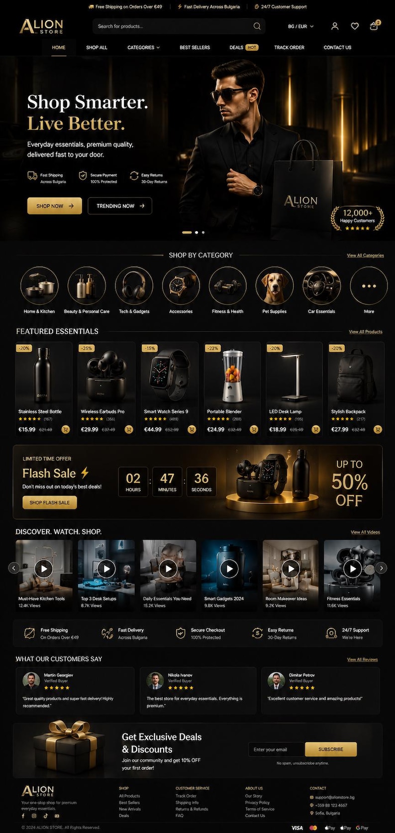May include: A dark-themed e-commerce website interface for Alion Store featuring a hero banner with a person in a suit, navigation menus, product categories, a featured essentials section with various items, a flash sale countdown, and customer reviews.