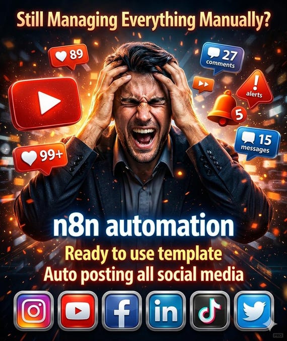 YouTube Automation n8n Workflow | Auto Social Media Posting System | Instagram Facebook TikTok Twitter | Workflow JSON Digital Download