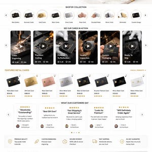 May include: A website interface for Custom Card Guys featuring a black metal bank card with gold logo text. The page displays product collections, video previews of laser engraving, customer reviews, and FAQ sections for custom metal bank cards.