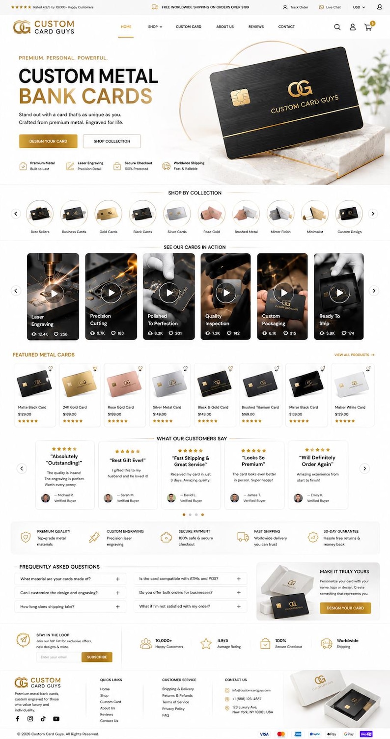 May include: A website interface for Custom Card Guys featuring a black metal bank card with gold logo text. The page displays product collections, video previews of laser engraving, customer reviews, and FAQ sections for custom metal bank cards.
