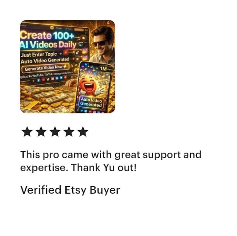 Op de afbeelding: Afbeelding die AI-videogeneratie promoot. De afbeelding toont een laptop en een smartphone met de tekst "Create 100+ AI Videos Daily". De smartphone toont een geanimeerde emoji. De afbeelding bevat ook de tekst "Auto Video Generated."