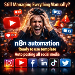 Könnte beinhalten: Bild mit dem Text "Still Managing Everything Manually?" und "n8n automation". Das Bild zeigt eine gestresste Person, umgeben von Social-Media-Symbolen, darunter Instagram, YouTube, Facebook, LinkedIn, TikTok und Twitter.