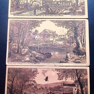 May include: Three rectangular vintage prints featuring detailed black and white line art illustrations of rural landscapes, wooden bridges, and toll gate structures. Each print includes small text at the bottom and depicts historical scenes.