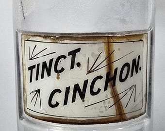 Antique Apothecary Jar Tinct. Cinchon – 9" Clear Glass Bottle – Cracked & Missing Stopper – Pharmacy Display