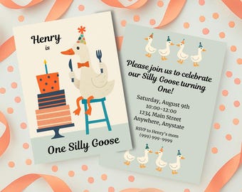 One Silly Goose First Birthday Digital Download Party Invitation For Boys-Editable Birthday Invite-Geese Birthday