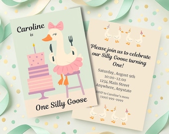 One Silly Goose eerste verjaardag digitale download uitnodiging voor feest voor meisjes-bewerkbare verjaardagsuitnodiging-ganzen verjaardag