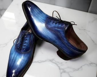 Handmade Blue Patina Leather Oxford Shoes for Men