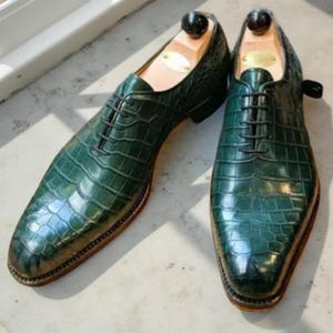 Handmade Men&#39;s Green Leather Oxford Dress Shoes – Formal Lace-Up Style