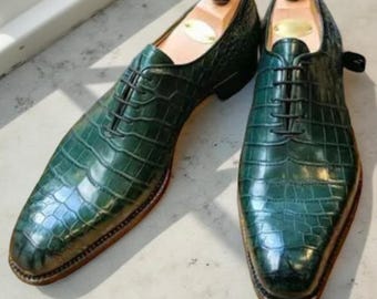 Handmade Men's Green Leather Oxford Dress Shoes – Formal Lace-Up Style