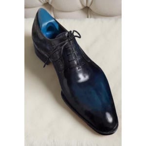 Men’s Handmade Blue Leather Oxford Shoes – Wholecut Lace-Up Wedding Dress Shoes