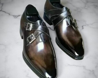 Herren Handgefertigte dunkelbraune Leder Doppel Monk Strap Schuhe