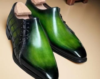 Men’s Handmade Pure Dark Green and Black Shaded Leather Side Lace-Up Shoes