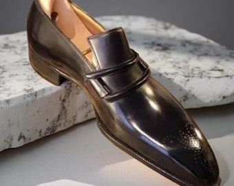 Men’s Handmade Genuine Leather Black Slip-On Brogue Shoes