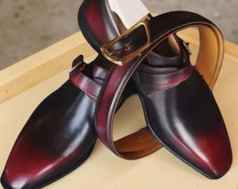 Herren Handgefertigte Zweifarbige Handgemalte Leder Monk Strap Schuhe mit Gürtel
