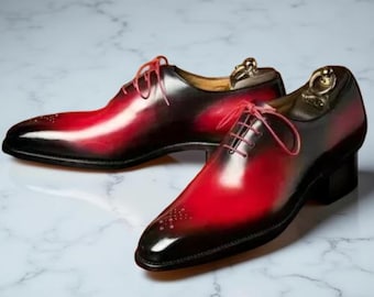Men's Handmade two tone red & black Leather Oxford Dress Shoes – Formal Lace-Up