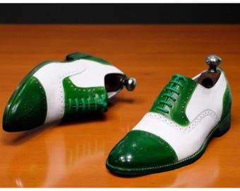 Men’s Handmade Green and White Leather Brogue Shoes – Lace Up Dress Shoes