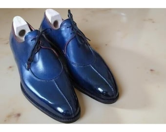Men’s Handmade Blue Leather Lace-Up Boots – Formal & Casual