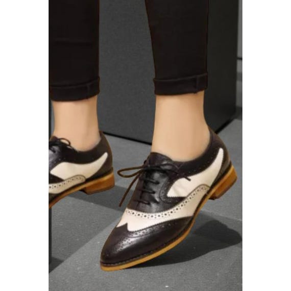 Handmade Black and White Women's Dress Shoes Spectator Wingtip Brogues