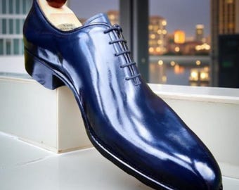 Men’s Handmade Blue Leather Oxford Dress Shoes – Wholecut Formal Lace Up