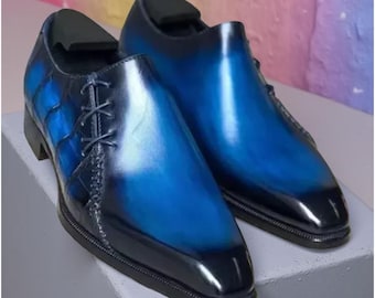 Men's Handmade Blue & Black Oxford Leather Shoes