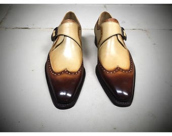 Handmade Men's Beige & Brown Leather Single Monk Strap Shoes